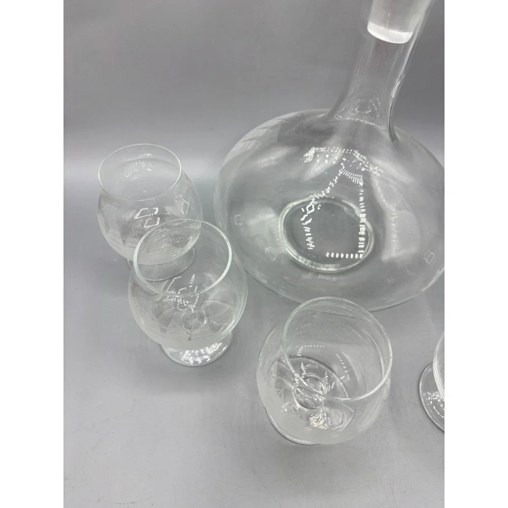 Vtg Etched Crystal Nautical Clipper Ship Decanter Set 6 Glasses Barware‎
